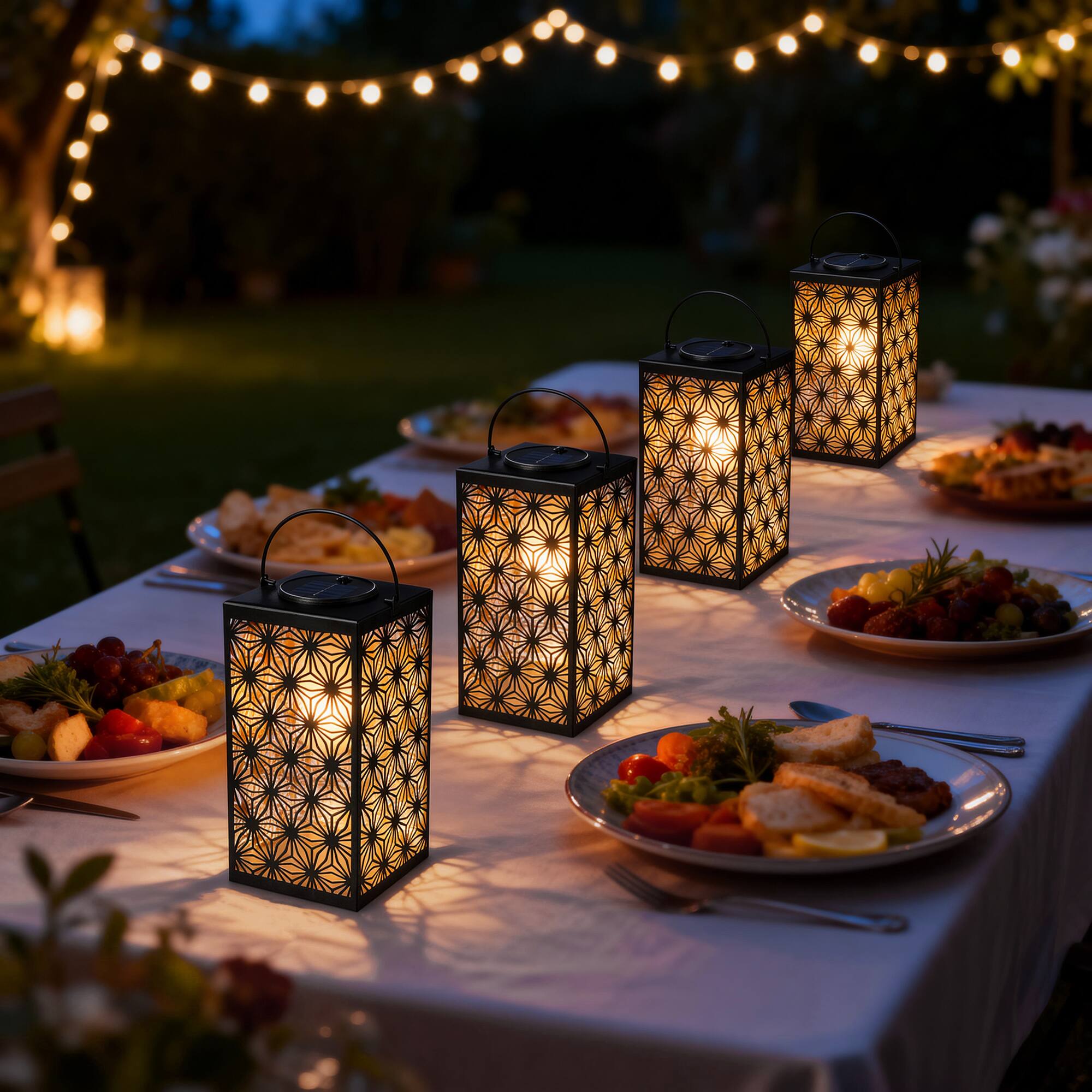 Glitzhome® 11" LED Black Metal Cutout Pattern Solar Powered Hanging Lantern